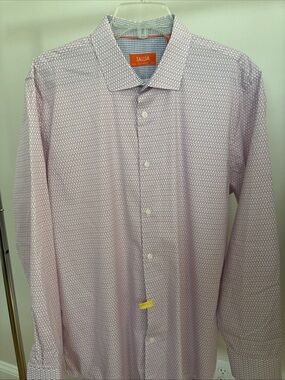 Tallia Men's Long-Sleeve Dress Shirt Slim Fit Pink&White Size 18-18.5 36/37